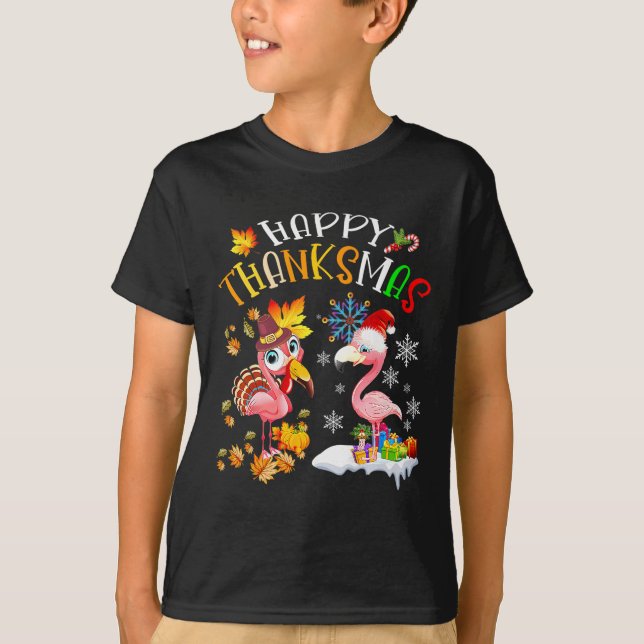 Happy Thanksmas Flamingo Couple Thanksgiving Chris T-Shirt (Front)