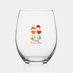 Happy Thanksmas Wine Thanksgiving Christmas Long S Stemless Wine Glass