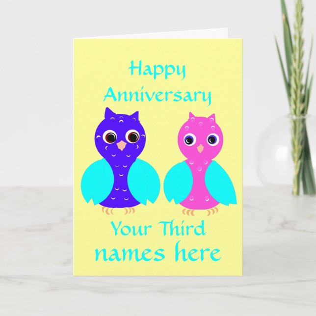 Happy Third Wedding Anniversary Cute Owls Custom Card (Front)