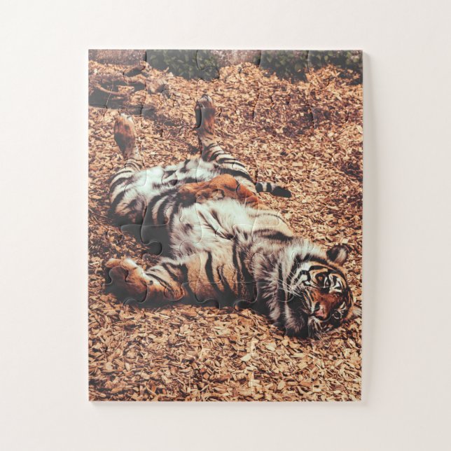 Happy Tiger Belly Up Rolling in Leaves Jigsaw Puzzle (Vertical)