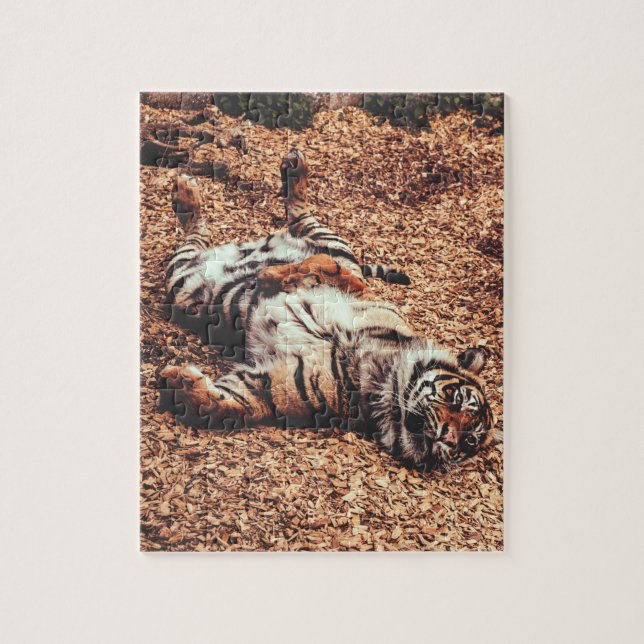 Happy Tiger Belly Up Rolling in Leaves Jigsaw Puzzle (Vertical)