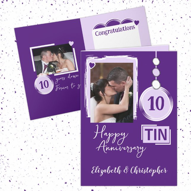 Happy Tin 10th Anniversary 2 photo names purple Card (Creator Uploaded)