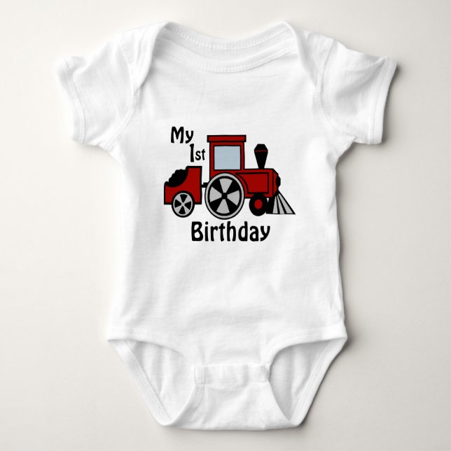 Happy Tracks/ Red Train Engine Baby Bodysuit (Front)