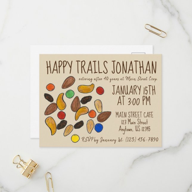 Happy Trails Trail Mix Going Away Retirement Party Invitation Postcard (Front/Back In Situ)