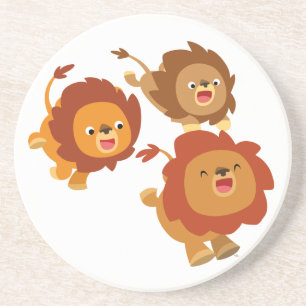 Happy Trio of Cute Cartoon Lions Coaster