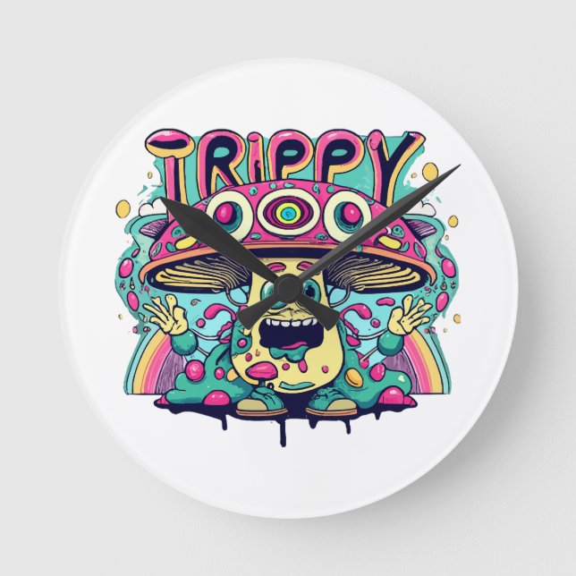 Happy Trippy Mushroom Round Clock (Front)