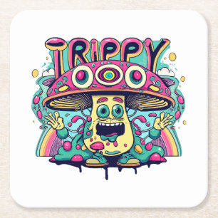 Happy Trippy Mushroom Square Paper Coaster