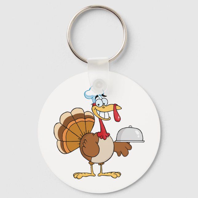Happy Turkey Chef Serving A Platter Key Ring (Front)