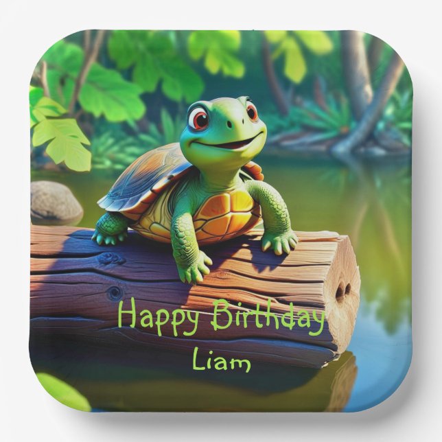 Happy Turtle Birthday Paper Plate (Front)