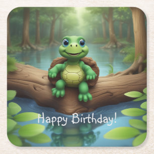 Happy Turtle Birthday Square Paper Coaster