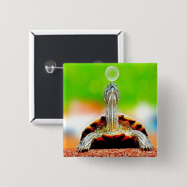 Happy turtle with bubble 15 cm square badge (Front & Back)