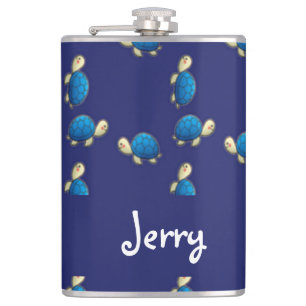 Happy turtles on blue hip flask