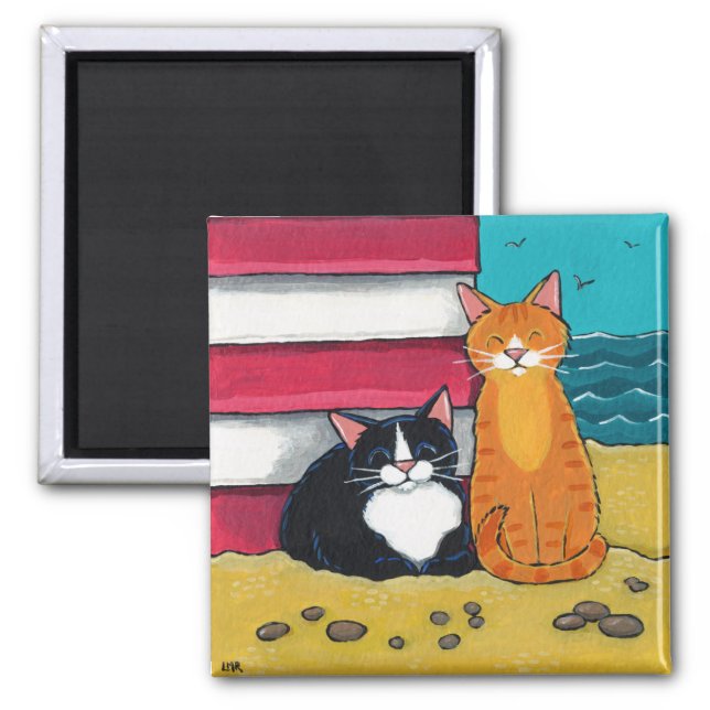 Happy Tuxedo and Tabby Cat on the Beach Magnet (Front)