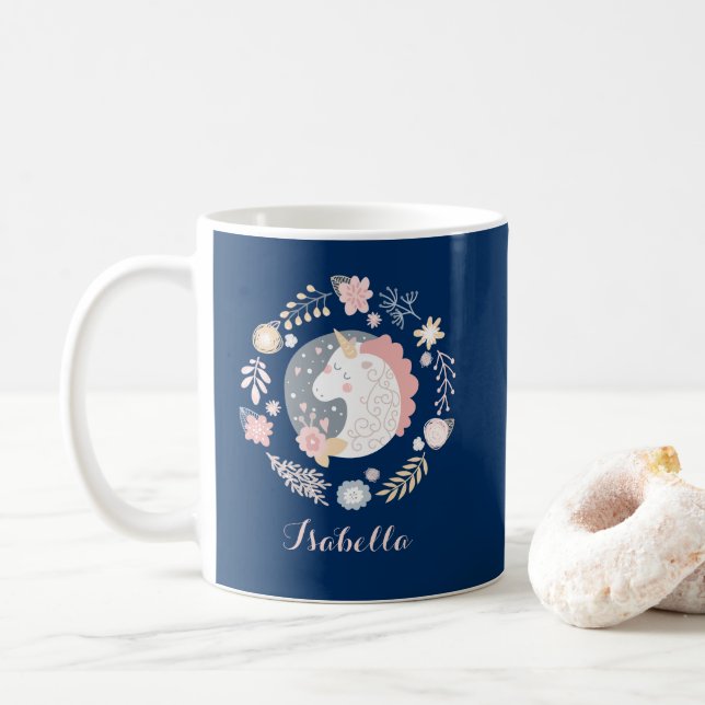 Happy Unicorn Cute Personalised Navy Coffee Mug (With Donut)