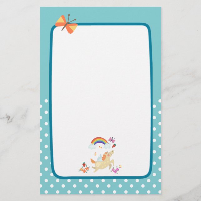 Happy Unicorn with Rainbow Clouds and Flowers Stationery (Front)