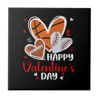 Happy Valentine Baseball Football Basketball Heart Ceramic Tile