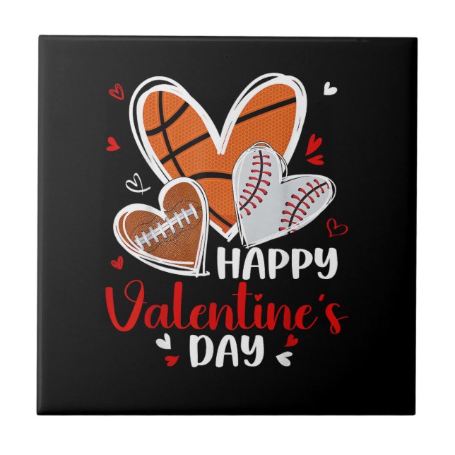 Happy Valentine Baseball Football Basketball Heart Ceramic Tile (Front)