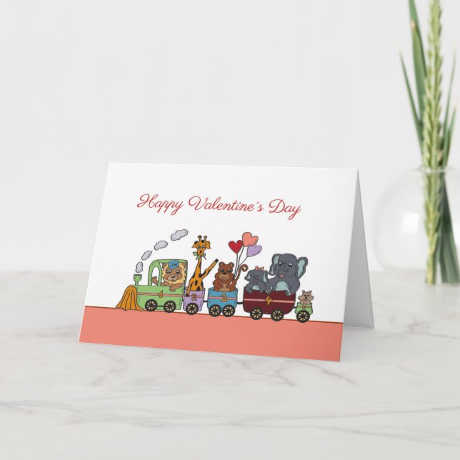 Happy Valentine card  - funny train with animals (Front)