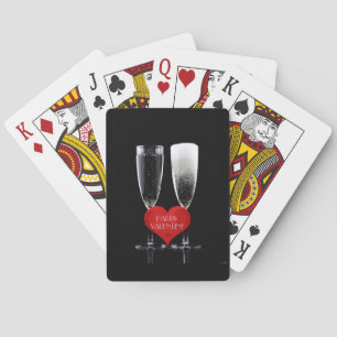Happy Valentine Champagne Flute Red Heart Text Playing Cards