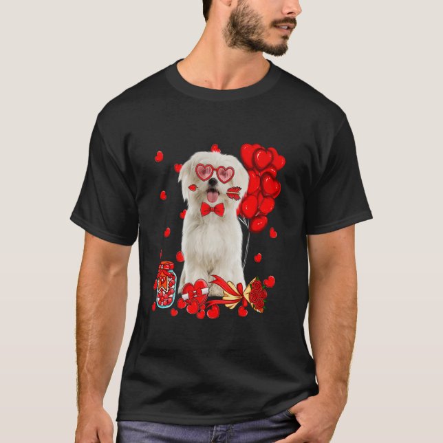 Happy Valentine Day Cute Maltese Dog Heart Love Pu T-Shirt (Front)