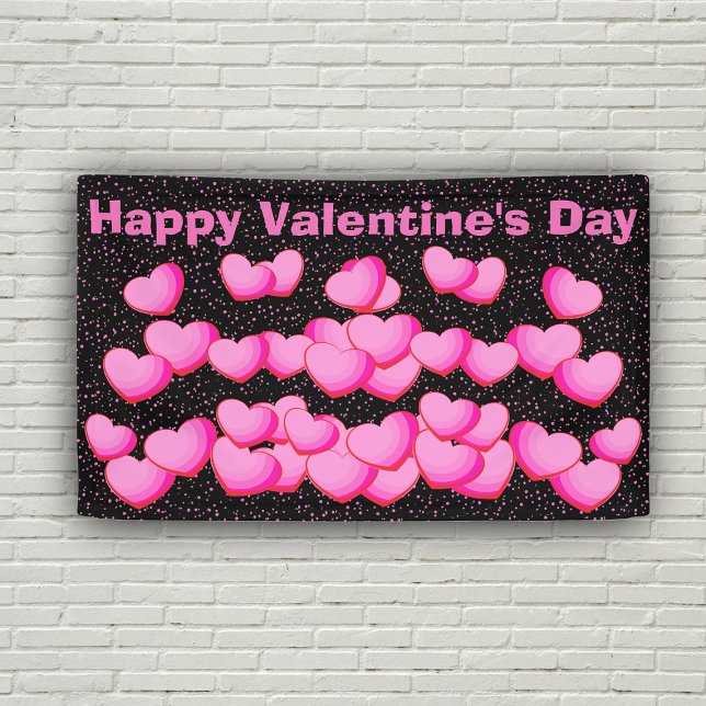 Happy Valentine Day Pretty Pink Heart Clusters Banner (Cluster of vibrant pink hearts with pink polka dots on black Happy Valentines Day decoration banner.)