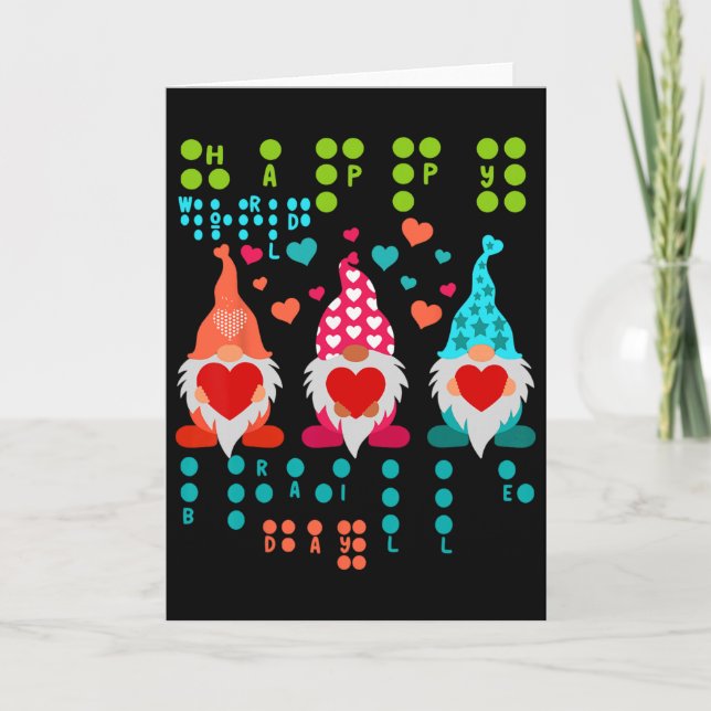 Happy Valentine Gnomes Braille Love – Cute Heart G Card (Front)