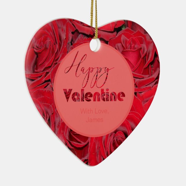 Happy Valentine Red Roses Romantic Heart Ceramic Ornament (Right)