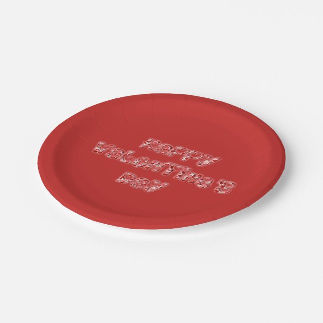 Happy Valentine Romantic Red Hearts Typography Paper Plate (Angled)