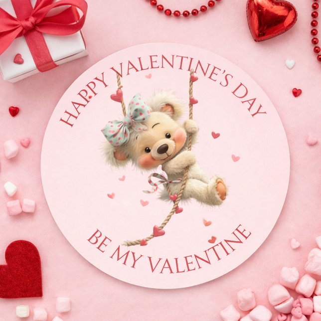 Happy Valentine’s Day Bear – Be My Valentine Heart Classic Round Sticker (Creator Uploaded)