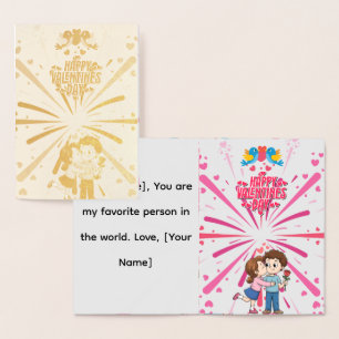 Happy Valentine’s Day Cute Couple Illustration Foil Card
