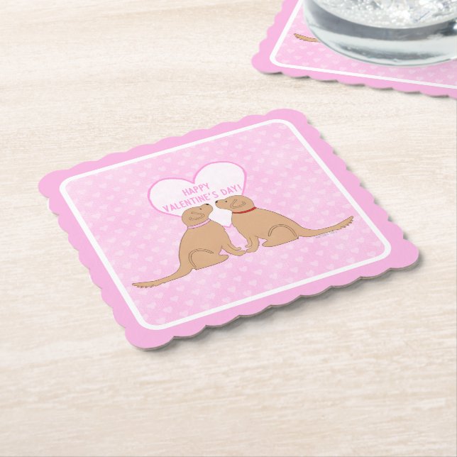 Happy Valentine’s Day Golden Dogs Flat Card Paper Coaster (Angled)