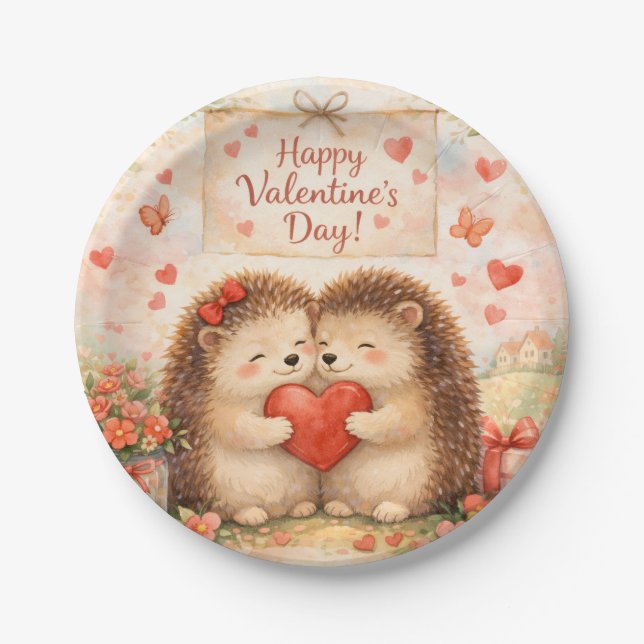 Happy Valentine’s Day Hedgehog Love Illustration Paper Plate (Front)