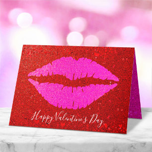 Happy Valentine’s Day Pink Lips on Red Glitter Holiday Card