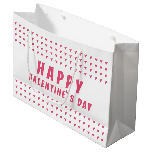 Happy Valentine`s Day Pink White Heart Large Gift Bag (Front Angled)