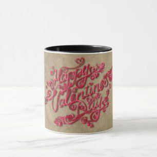 Happy Valentine’s Day sepia heart red lettering Mug