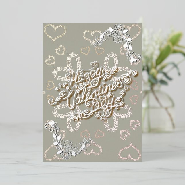 Happy Valentine’s Day silver lettering with roses Foil Holiday Card (Standing Front)