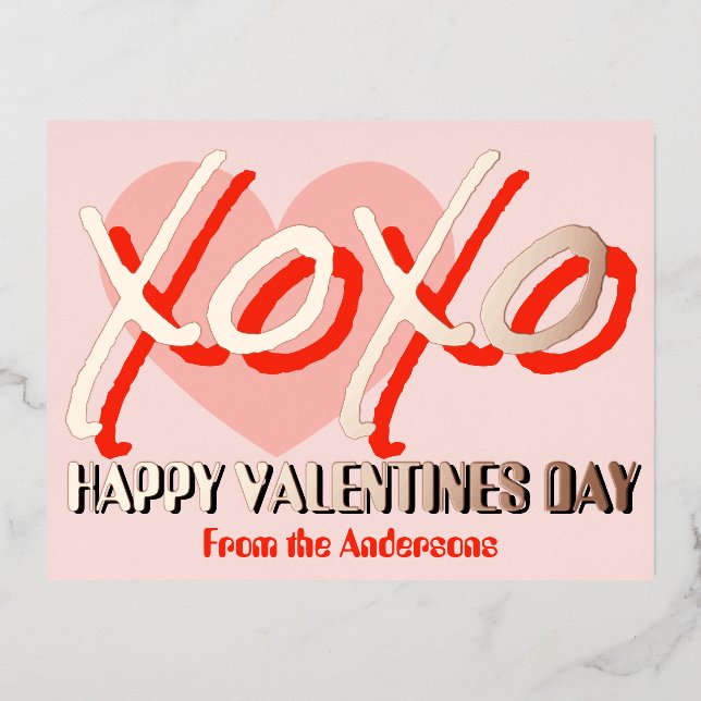 Happy Valentine’s Day XoXo modern foil pink Foil Holiday Postcard (Front)
