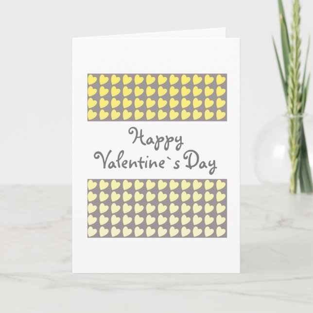 Happy Valentine`s Day Yellow Grey Heart Pattern Holiday Card (Front)