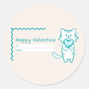 Happy Valentine Teal Kitty Classic Round Sticker