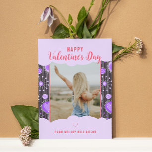 Happy Valentine Whimsical Purple heart flower Name Holiday Card