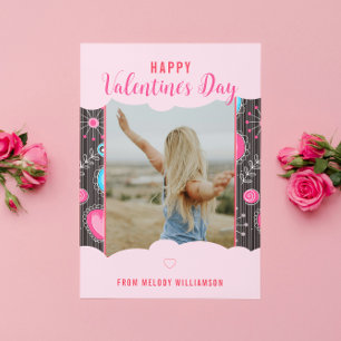 Happy Valentine Whimsy Pink Blue Heart Flower Name Holiday Card