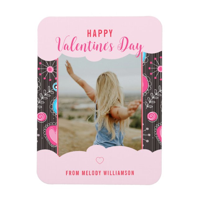 Happy Valentine Whimsy Pink Blue Heart Flower Name Magnet (Vertical)
