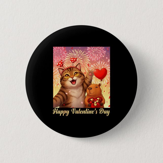 Happy Valentines 2026 Cute Cat Capybara Party Art  6 Cm Round Badge (Front)