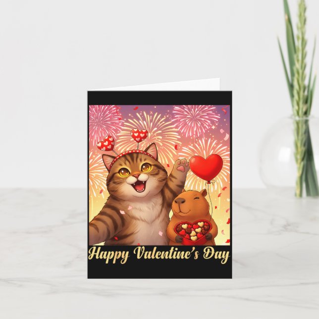 Happy Valentines 2026 Cute Cat Capybara Party Art  Card (Front)