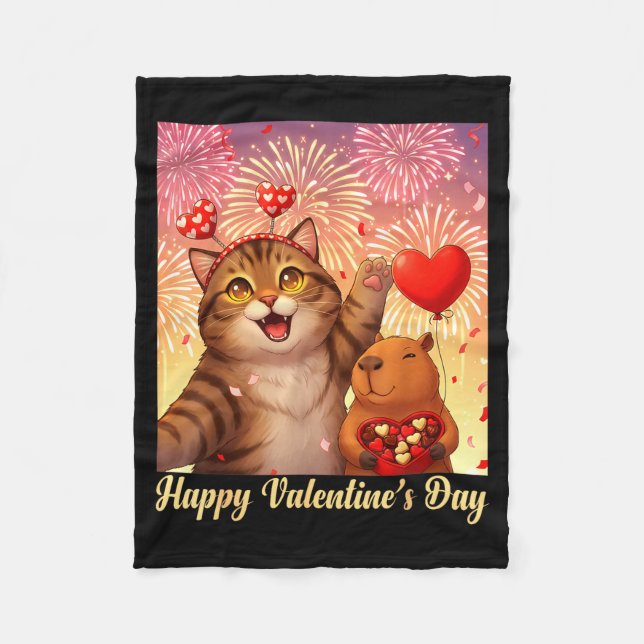 Happy Valentines 2026 Cute Cat Capybara Party Art  Fleece Blanket (Front)