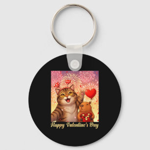 Happy Valentines 2026 Cute Cat Capybara Party Art Key Ring