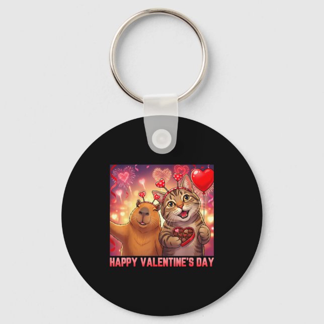 Happy Valentines 2026 Cute Cat Capybara Party Art  Key Ring (Front)