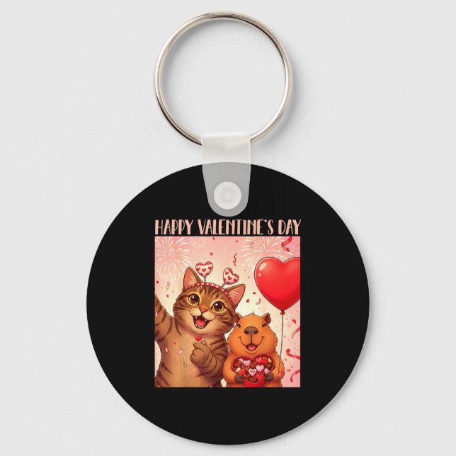 Happy Valentines 2026 Cute Cat Capybara Party Art  Key Ring (Front)