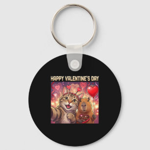 Happy Valentines 2026 Cute Cat Capybara Party Art Key Ring