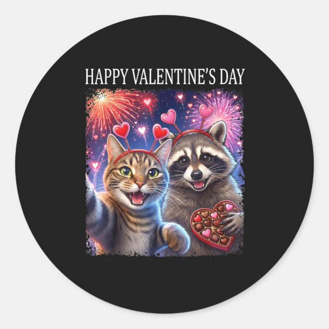 Happy Valentines 2026 Cute Cat Raccoon Party Art  Classic Round Sticker (Front)